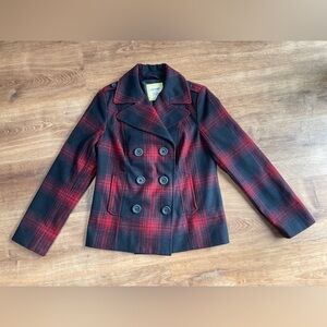 Old Navy Womens Plaid‎ Wool Peacoat Jacket Double Breasted Medium Academia Red